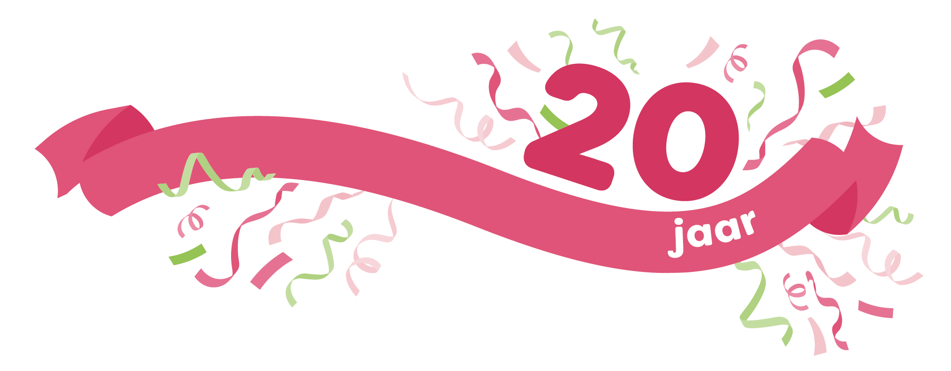 Bright pink anniversary ribbon with '20 jaar' and colorful confetti celebrating 20 years.
